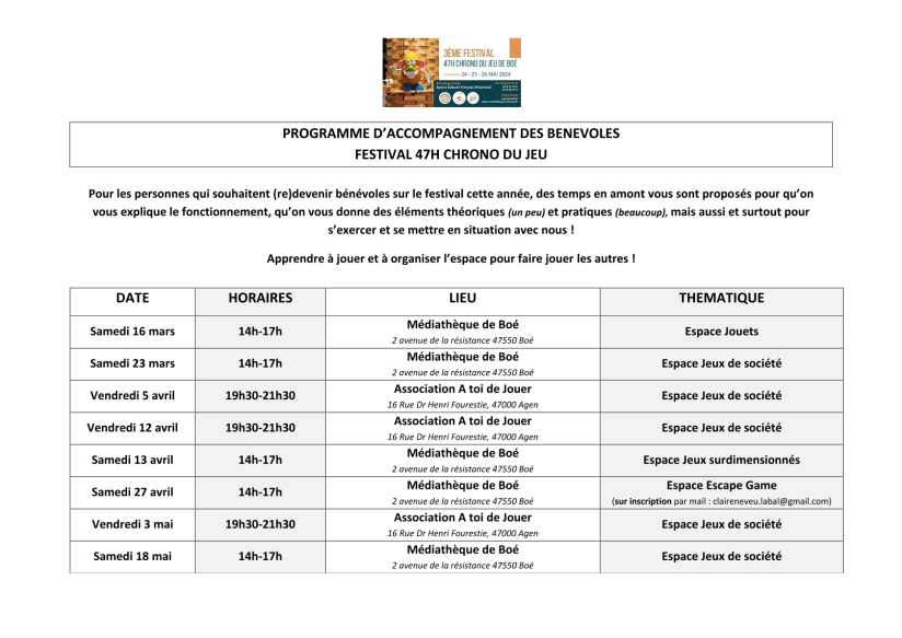 Programme Accompagnement bénévoles Festival 47h Chrono du Jeu 2024