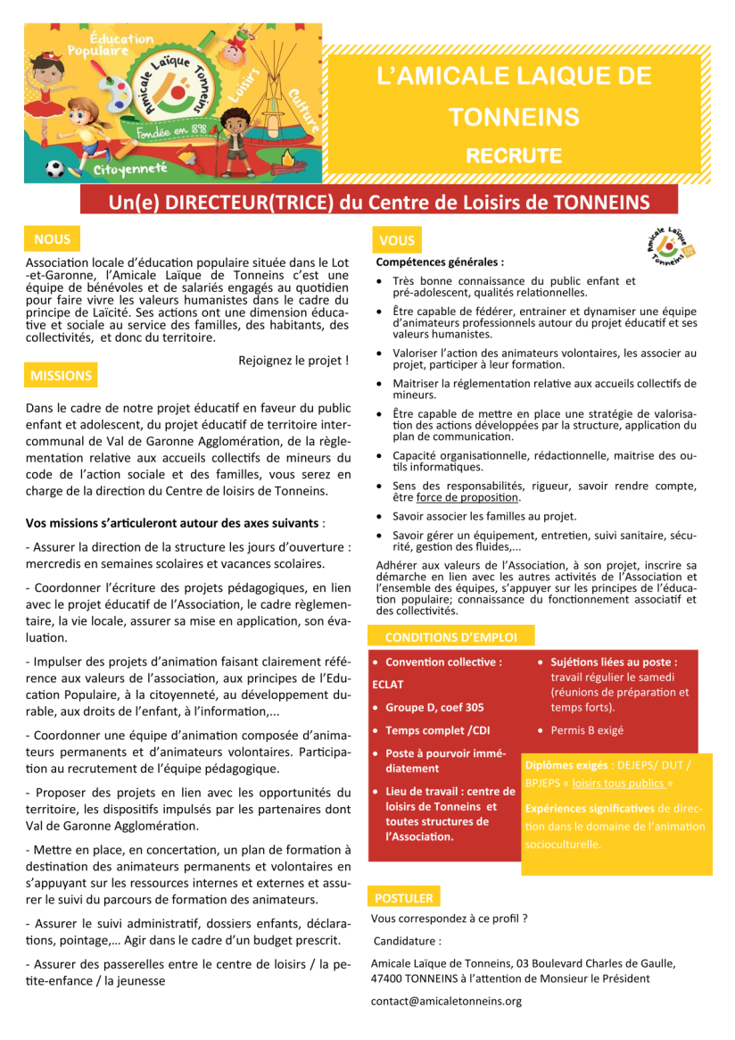 offre demploi directeur ACM Amicale laique de Tonneins